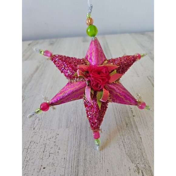 Sequin star beaded ribbon ornament pink Xmas tree green very unique well made - Picture 1 of 9